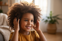 brown little girl with afro touching her hair