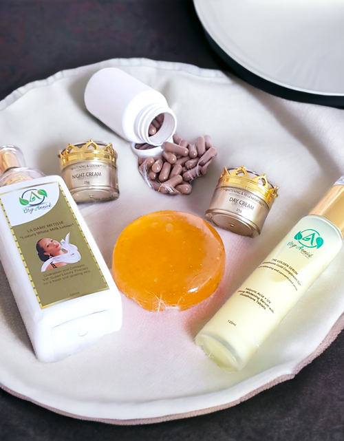 Load image into Gallery viewer, La Dame Gold Skincare Bundle – Complete Self-Care Set with Lotion, Body Wash, Serum, Soap, Face Cream &amp; Wellness Capsules – Luxurious Everyday Essentials
