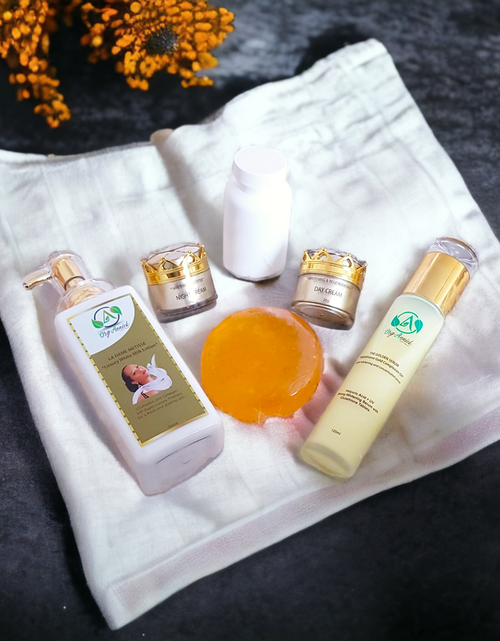 Load image into Gallery viewer, La Dame Gold Skincare Bundle – Complete Self-Care Set with Lotion, Body Wash, Serum, Soap, Face Cream &amp; Wellness Capsules – Luxurious Everyday Essentials
