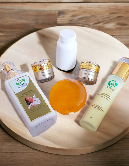 Load image into Gallery viewer, La Dame Gold Skincare Bundle – Complete Self-Care Set with Lotion, Body Wash, Serum, Soap, Face Cream &amp; Wellness Capsules – Luxurious Everyday Essentials
