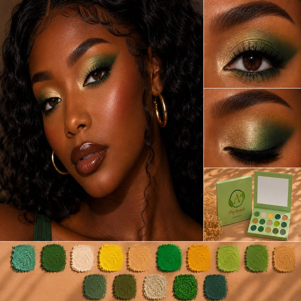 A makeup palette and eyeshadow look collage showing a model with green and gold eye makeup, close-up eye detail, the green palette case and compact, and multiple swatches of the shades at the bottom. The palette appears to be the product being sold.