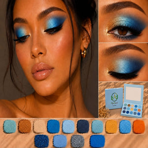 A makeup palette and eyeshadow look collage showing a model with vivid blue and teal eye makeup, close-up eye detail, the open palette, its box, and multiple swatches of the shades at the bottom.