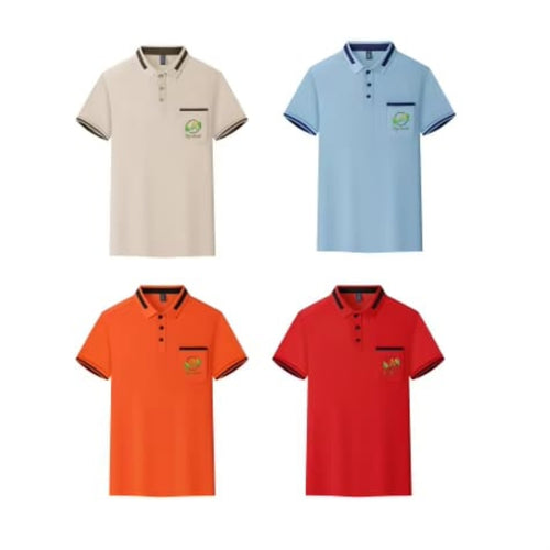Four short-sleeve polo shirts arranged in a 2x2 grid on a white background, shown in beige, light blue, orange, and red. Each shirt has a small chest logo and dark trim on the collar, sleeve cuffs, and pocket.