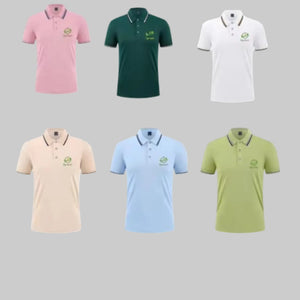 Six short-sleeve polo shirts arranged in two rows on a plain white background, shown in pink, dark green, white, beige, light blue, and light green. Each shirt has a small green chest logo and a dark trim at the collar and sleeve cuffs.