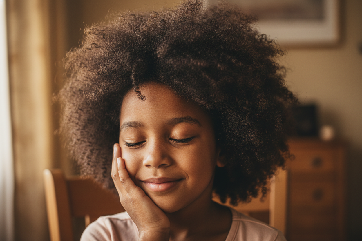 a young child hd hyper realitic with an afro touching her face 