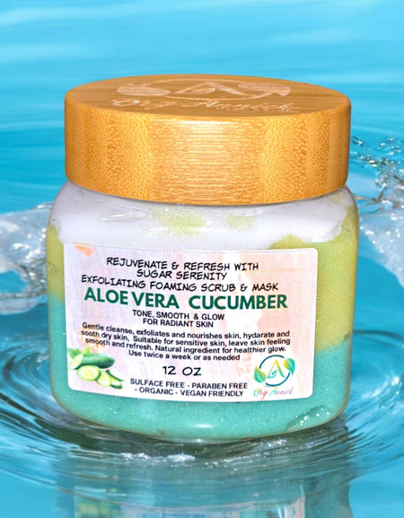OrgAnnick Aloe & Cucumber Sugar Scrub & Face Mask - Natural Exfoliator for Toning, Hydrating & Smoothing Skin wit Pure Aloe Vera Gel. Gentle, Non-Comedogenic for Sensitive Skin - 12 oz
