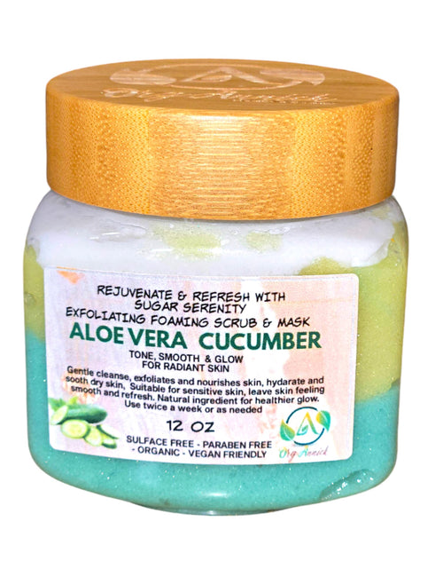 Load image into Gallery viewer, OrgAnnick Aloe &amp; Cucumber Sugar Scrub &amp; Face Mask - Natural Exfoliator for Toning, Hydrating &amp; Smoothing Skin wit Pure Aloe Vera Gel. Gentle, Non-Comedogenic for Sensitive Skin - 12 oz
