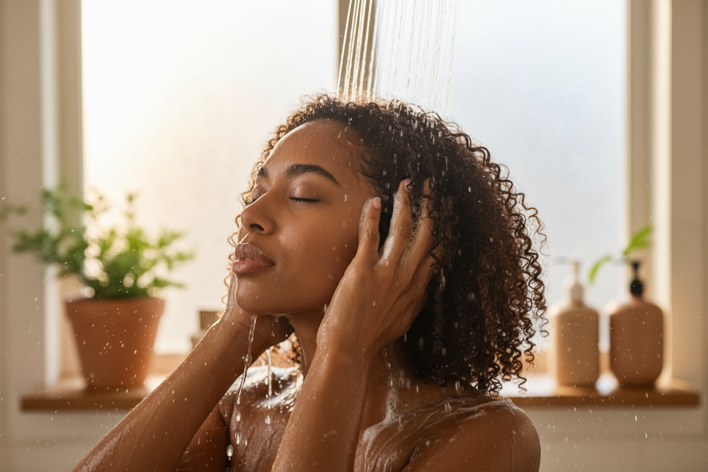 black woman hair care washing hair