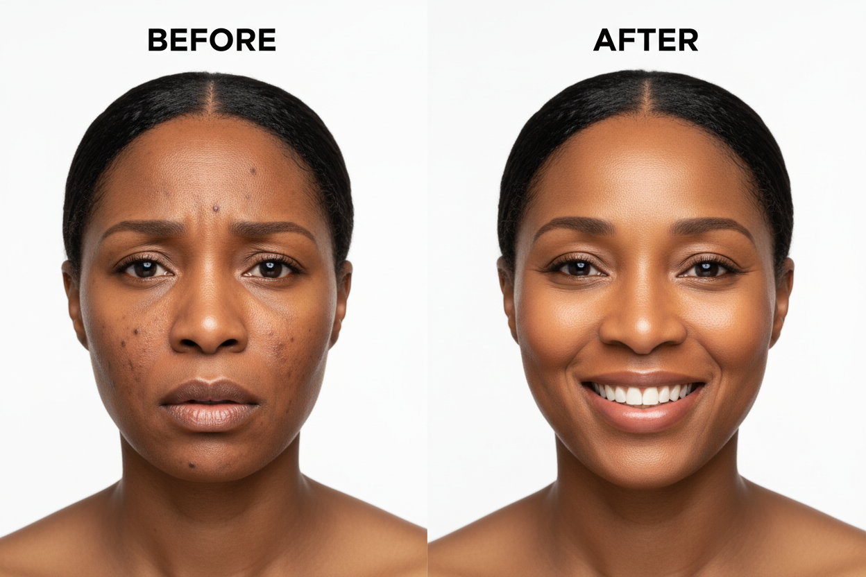 make the before have a lot more discoloration and pimples and black heads